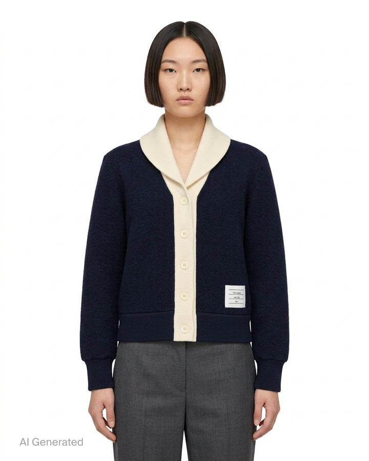Thom Browne navy wool cardigan jacket with cream ribbed shawl collar, contrast button placket and woven label at the hem - front