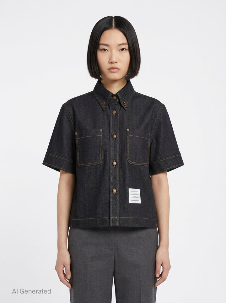 Short Sleeve Denim Button Down Shirt | Thom Browne | Club21 - front