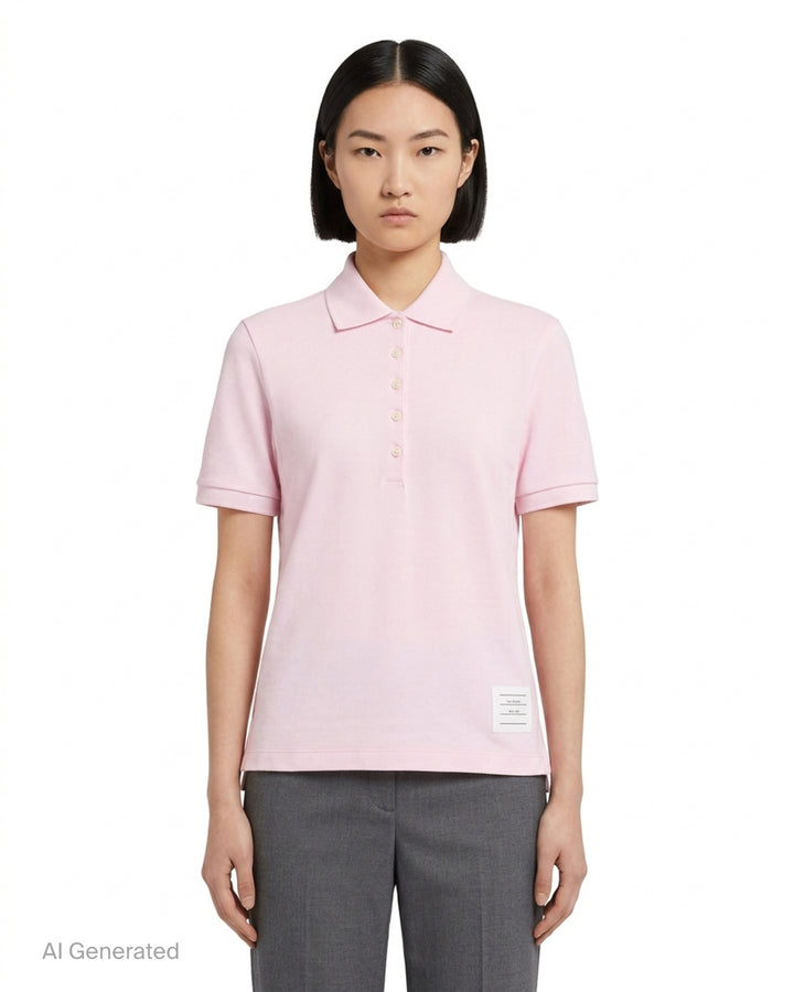 Thom Browne Short Sleeve Rib Cuff Polo in light blue piqué cotton with spread collar, four-button placket and signature stripe grosgrain tab - front
