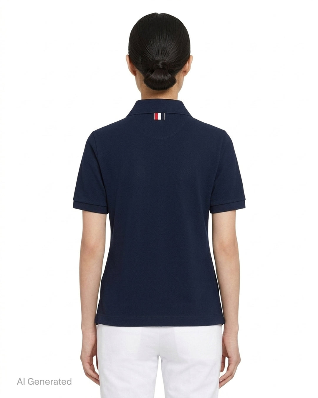 Thom Browne Short Sleeve Rib Cuff Polo in light blue piqué cotton with spread collar, four-button placket and signature stripe grosgrain tab - back