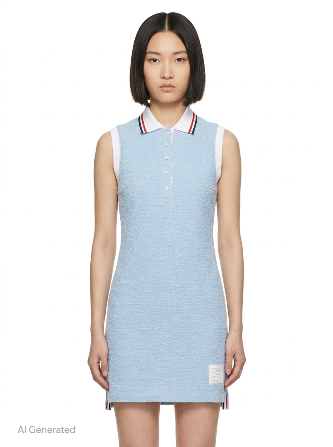 Thom Browne sleeveless polo dress in light blue bouclé with white collar featuring red, white, and blue stripe tipping, button placket, and signature 4-bar stripe at the hem - front