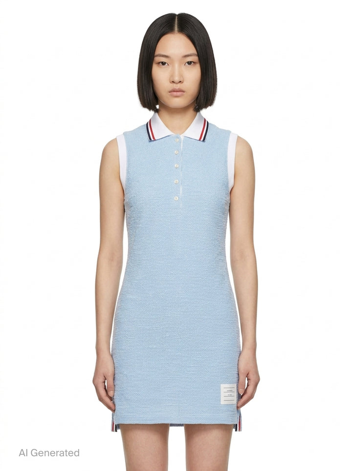 Thom Browne sleeveless polo dress in light blue bouclé with white collar featuring red, white, and blue stripe tipping, button placket, and signature 4-bar stripe at the hem - front
