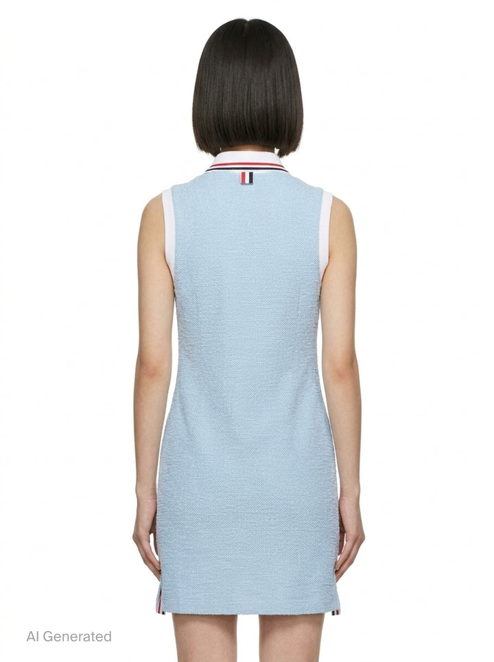 Thom Browne sleeveless polo dress in light blue bouclé with white collar featuring red, white, and blue stripe tipping, button placket, and signature 4-bar stripe at the hem - back