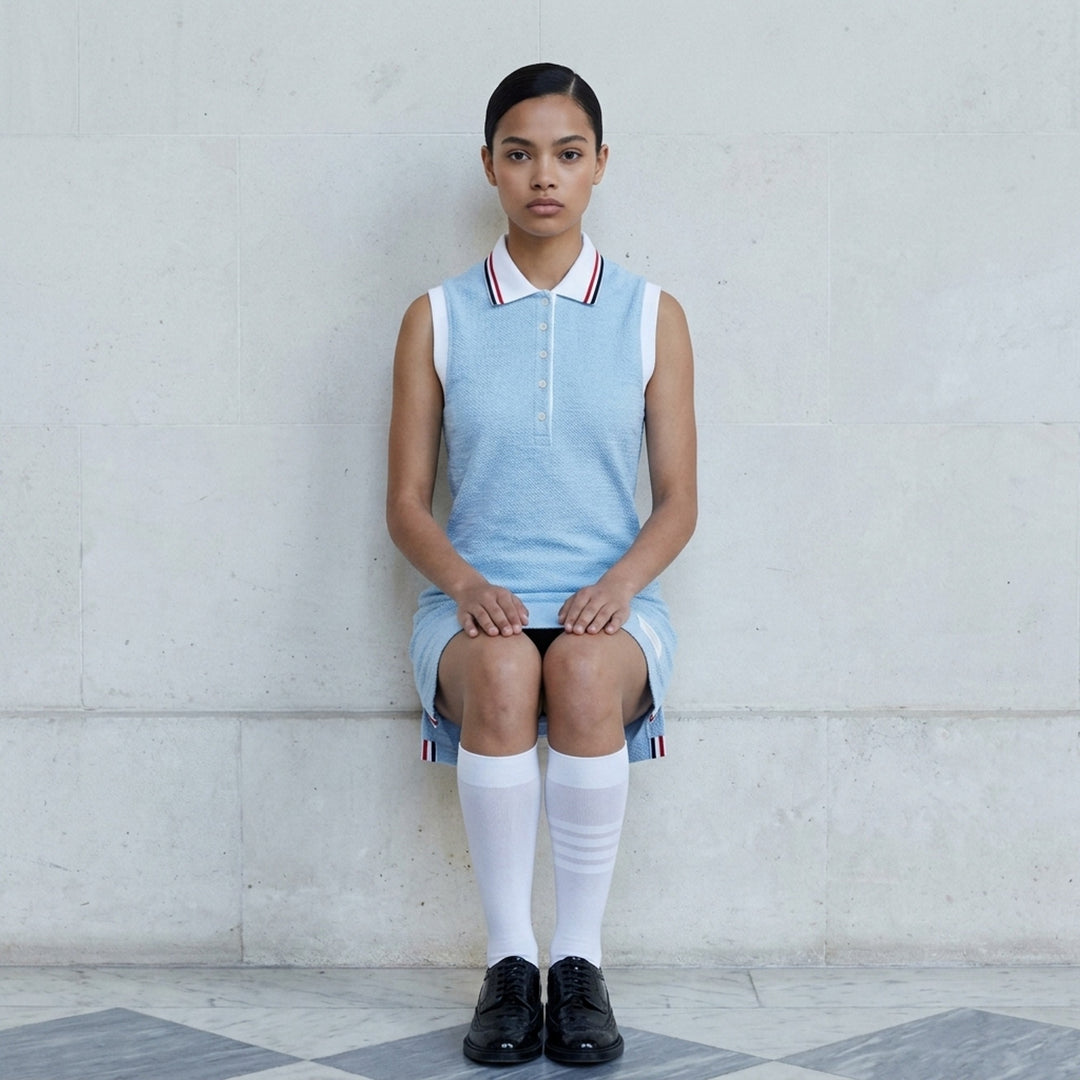 Thom Browne sleeveless polo dress in light blue bouclé with white collar featuring red, white, and blue stripe tipping, button placket, and signature 4-bar stripe at the hem - lifestyle