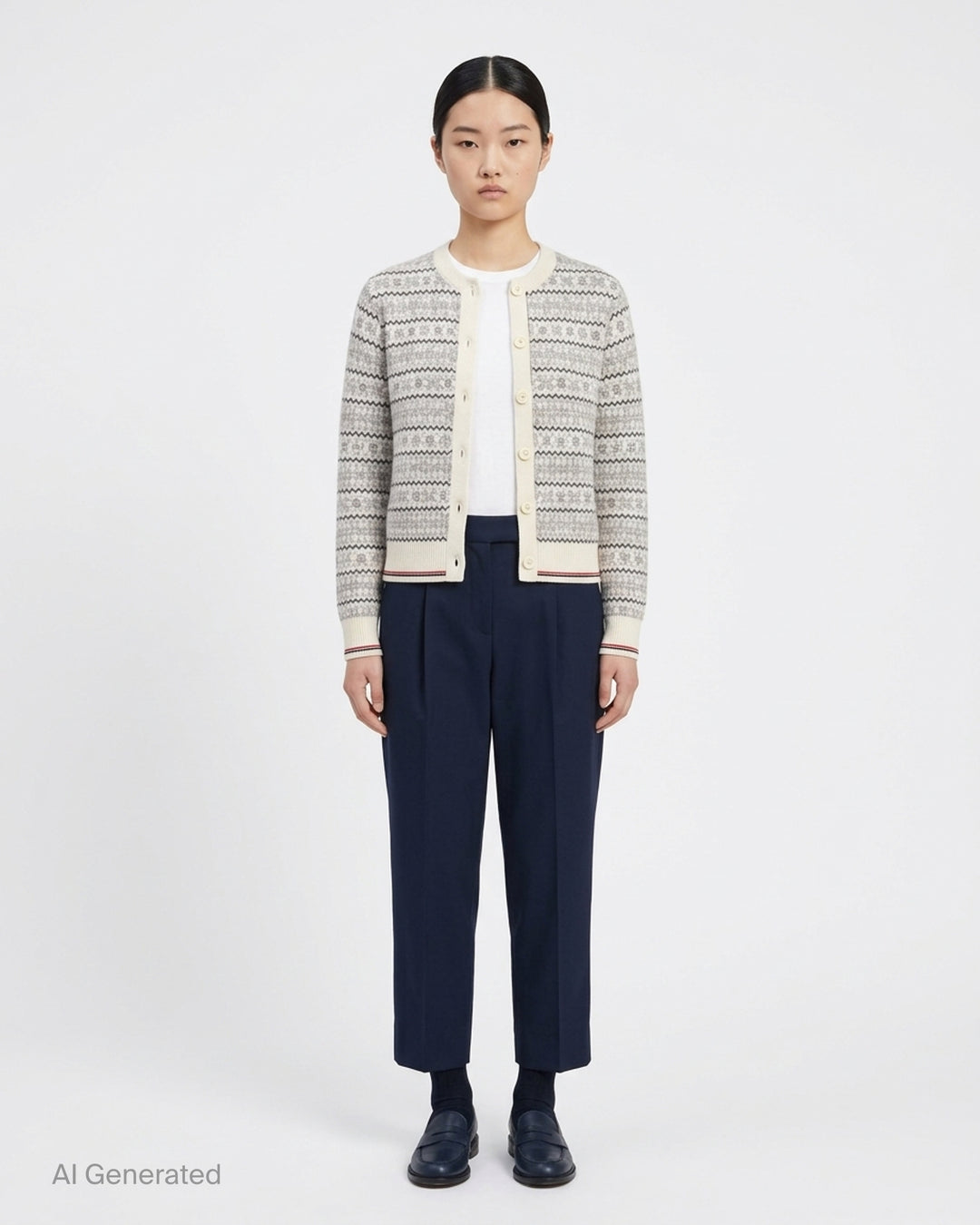 Thom Browne snowflake Fair Isle cardigan with crew neckline, button front and red, white and blue tipped ribbed hem and cuffs - front