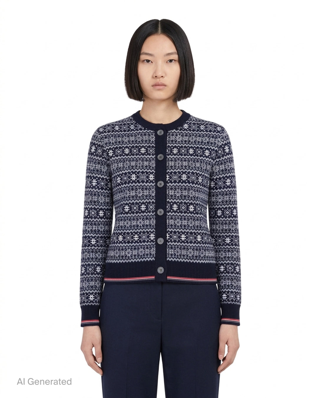Thom Browne snowflake Fair Isle cardigan with crew neckline, button front and red, white and blue tipped ribbed hem and cuffs - front