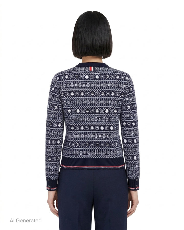 Thom Browne snowflake Fair Isle cardigan with crew neckline, button front and red, white and blue tipped ribbed hem and cuffs - back