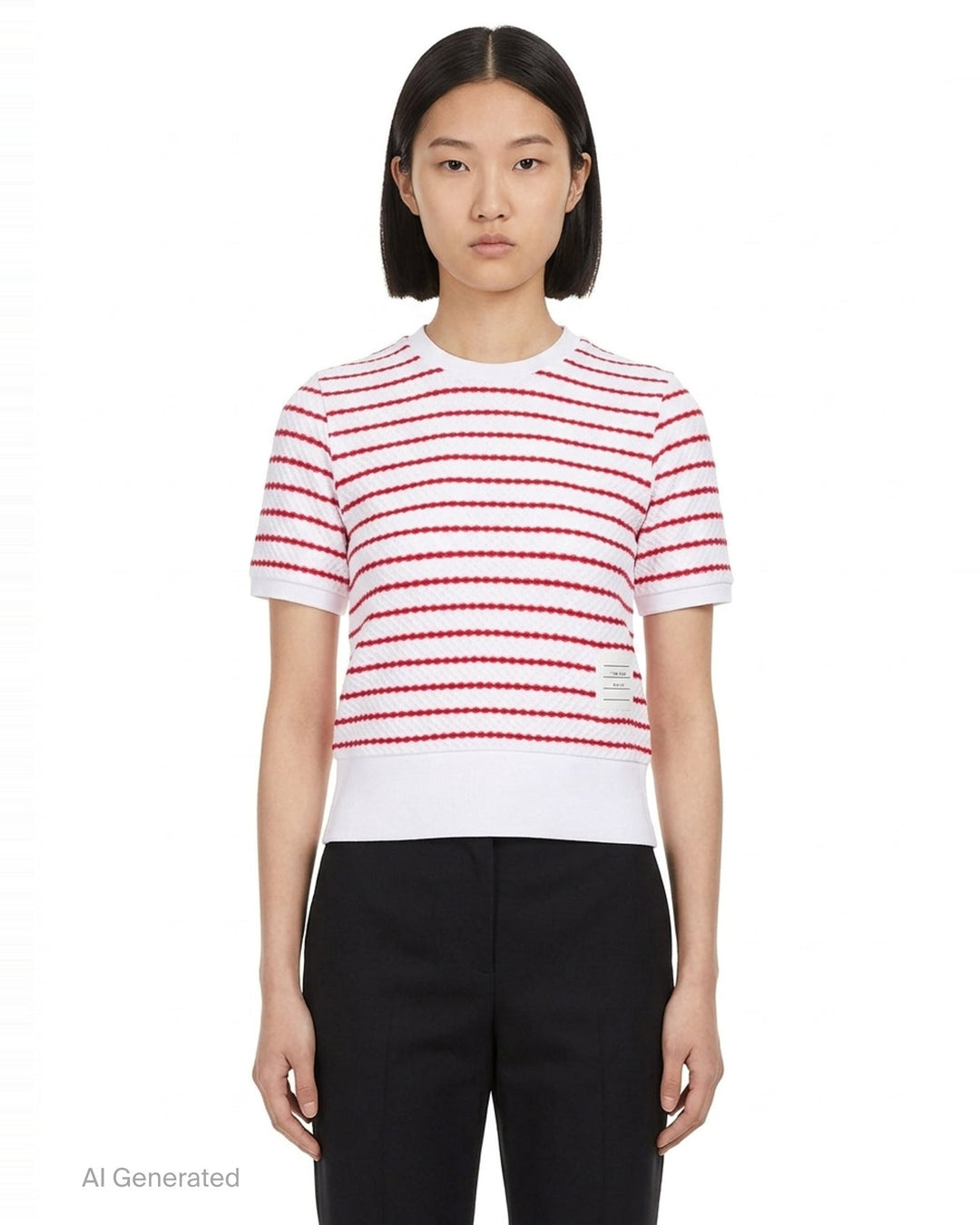 Thom Browne grey and white horizontal stripe rib short sleeve tee with contrast white crew neck, cuff, and hem trims, and a woven Thom Browne New York label at the front - front