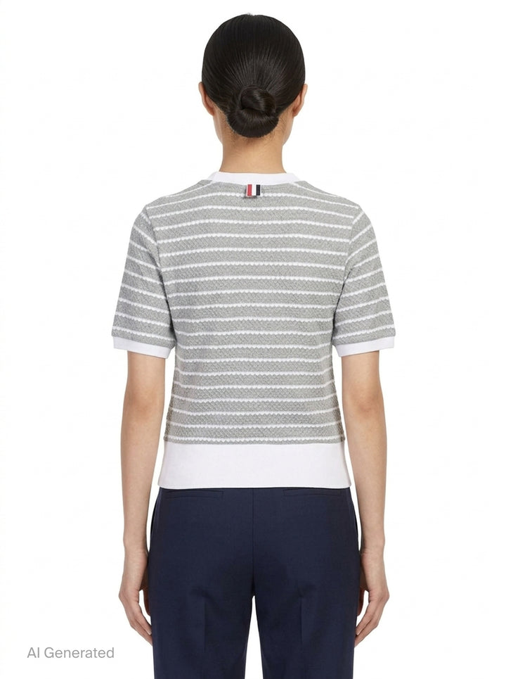 Thom Browne grey and white horizontal stripe rib short sleeve tee with contrast white crew neck, cuff, and hem trims, and a woven Thom Browne New York label at the front - back