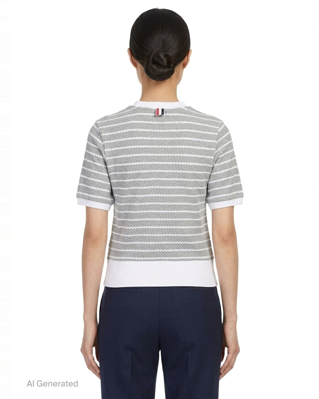 Thom Browne grey and white horizontal stripe rib short sleeve tee with contrast white crew neck, cuff, and hem trims, and a woven Thom Browne New York label at the front - back