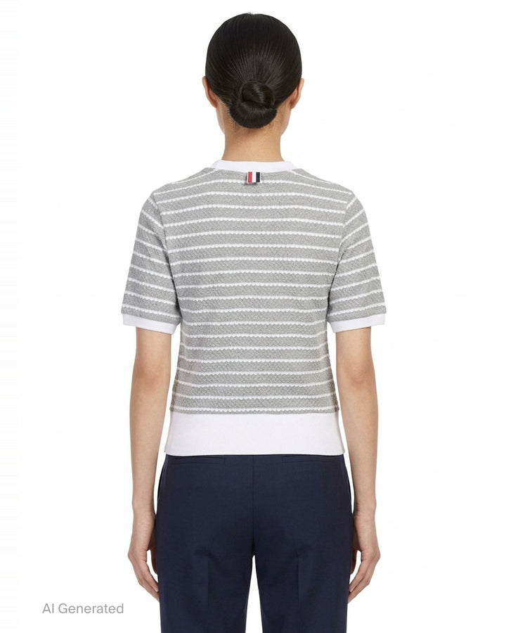 Thom Browne grey and white horizontal stripe rib short sleeve tee with contrast white crew neck, cuff, and hem trims, and a woven Thom Browne New York label at the front - back