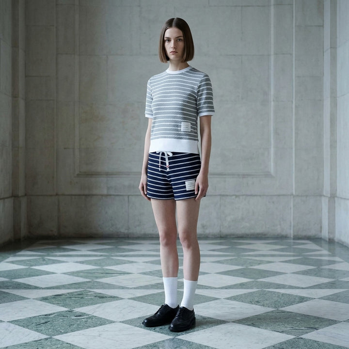 Thom Browne grey and white horizontal stripe rib short sleeve tee with contrast white crew neck, cuff, and hem trims, and a woven Thom Browne New York label at the front - lifestyle