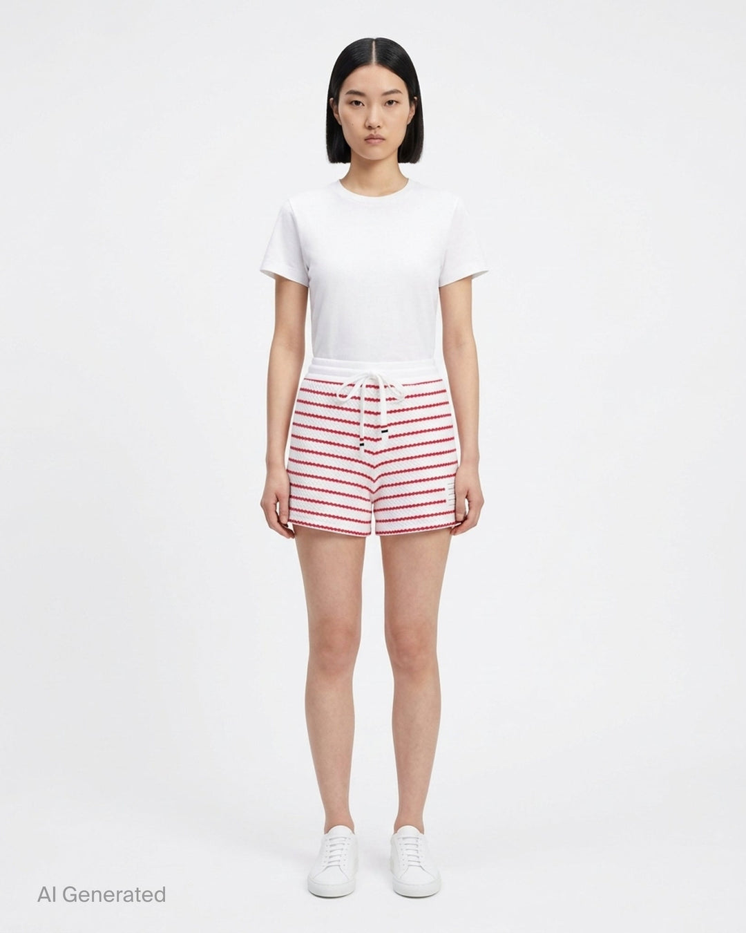 Thom Browne grey and white striped honeycomb-textured knit shorts with white ribbed waistband, drawstring tie with stripe detail, and woven brand label at hem - front