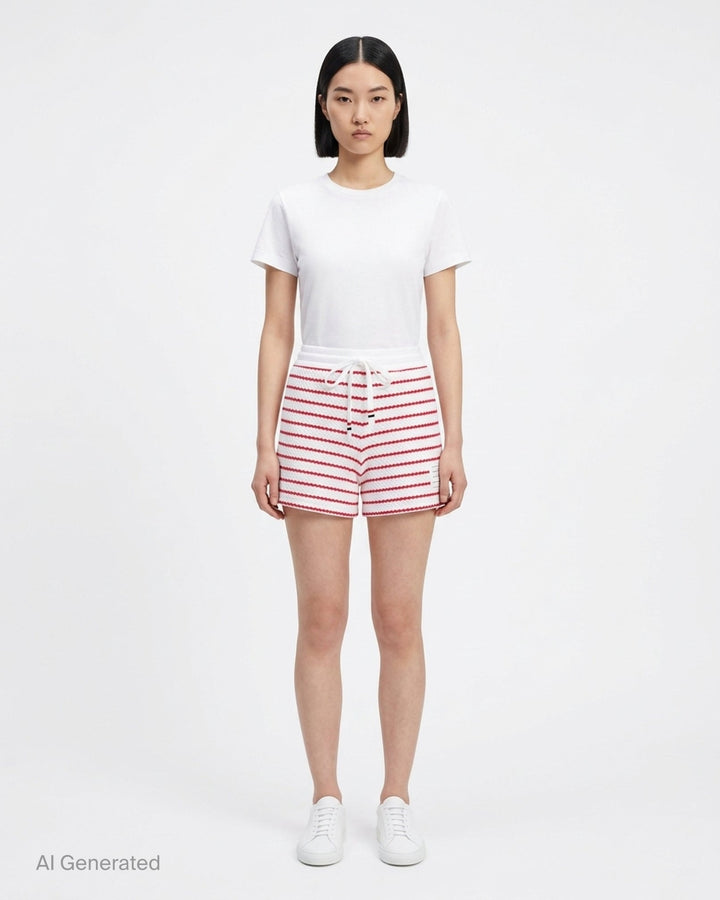 Thom Browne grey and white striped honeycomb-textured knit shorts with white ribbed waistband, drawstring tie with stripe detail, and woven brand label at hem - front