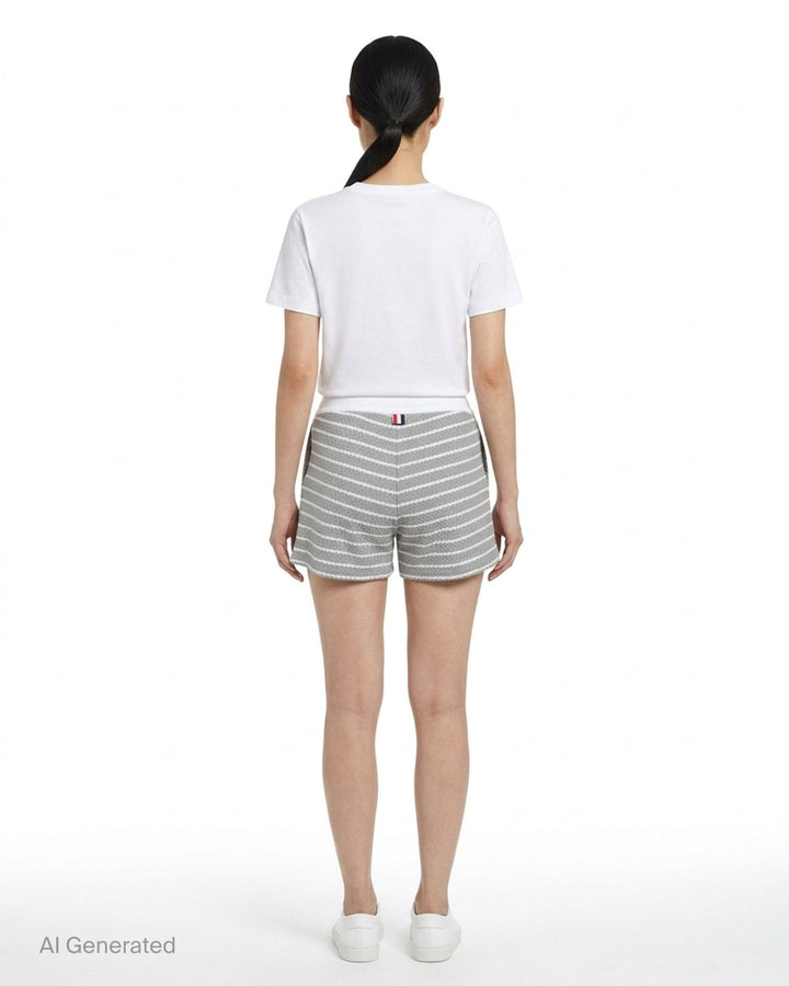 Thom Browne grey and white striped honeycomb-textured knit shorts with white ribbed waistband, drawstring tie with stripe detail, and woven brand label at hem - back