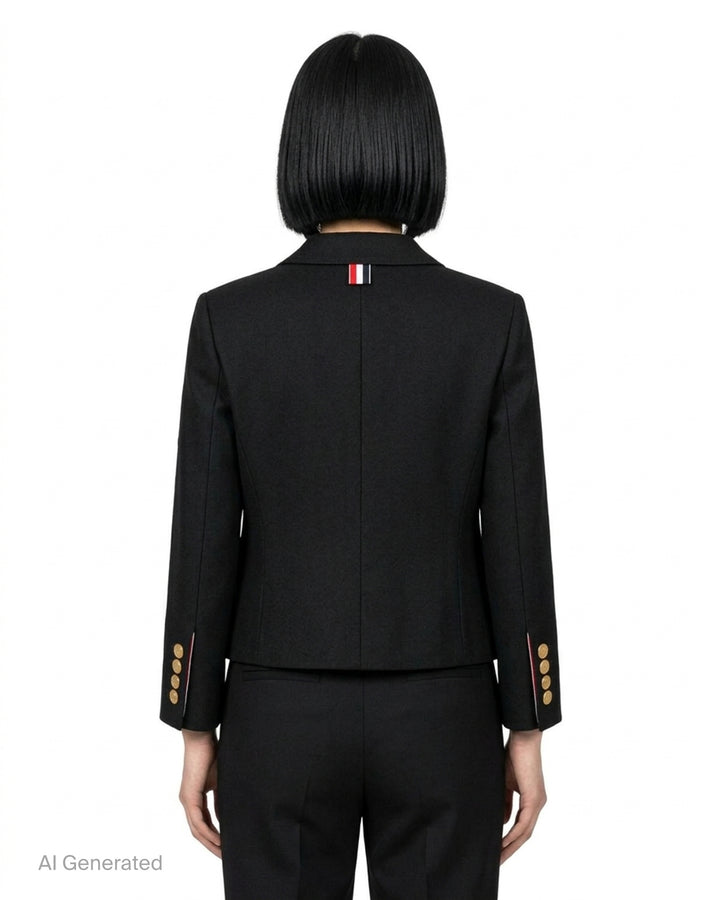 Thom Browne black V-neck cardigan jacket with gold-tone buttons, flap pockets and red, white and blue striped lining - back