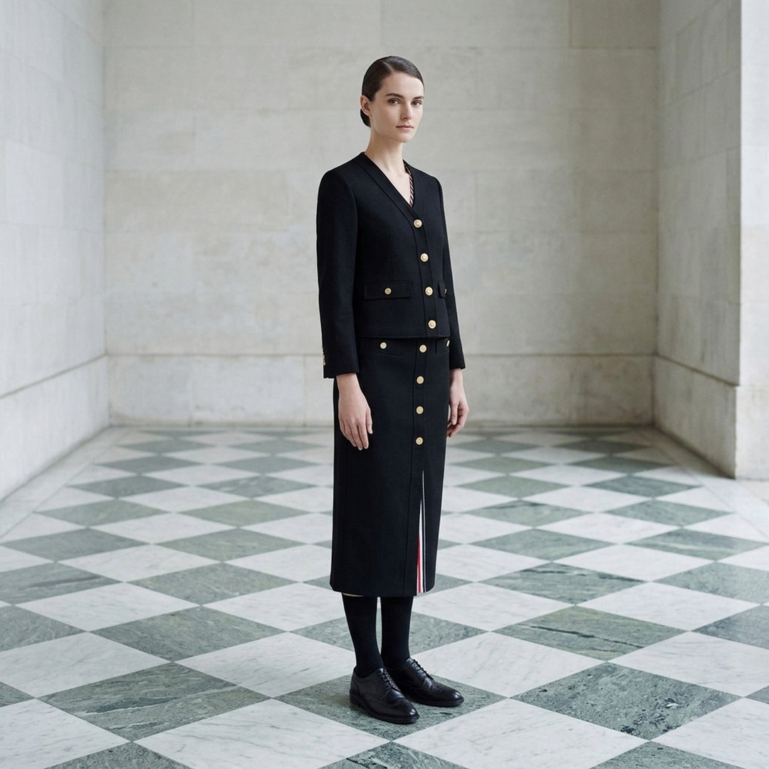 Thom Browne black V-neck cardigan jacket with gold-tone buttons, flap pockets and red, white and blue striped lining - lifestyle