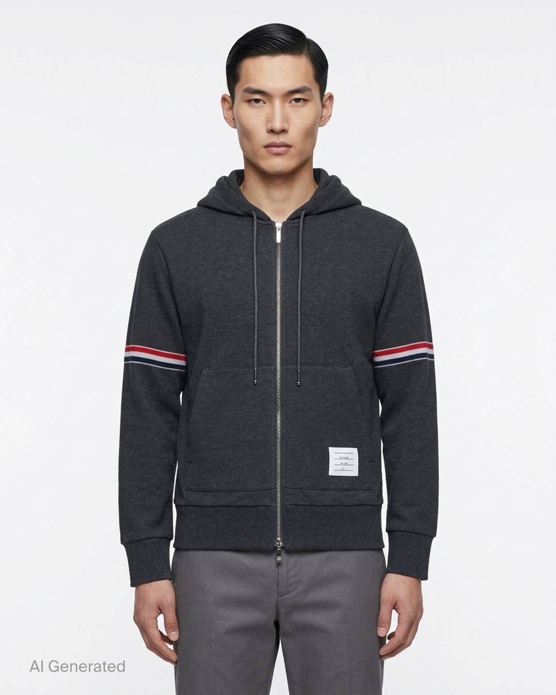 Thom Browne charcoal grey piqué zip-through hoodie with red, white and blue sleeve stripes and drawstring hood - front