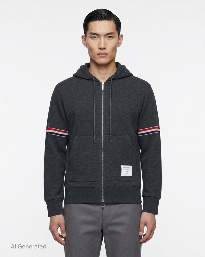 Thom Browne charcoal grey piqué zip-through hoodie with red, white and blue sleeve stripes and drawstring hood - front