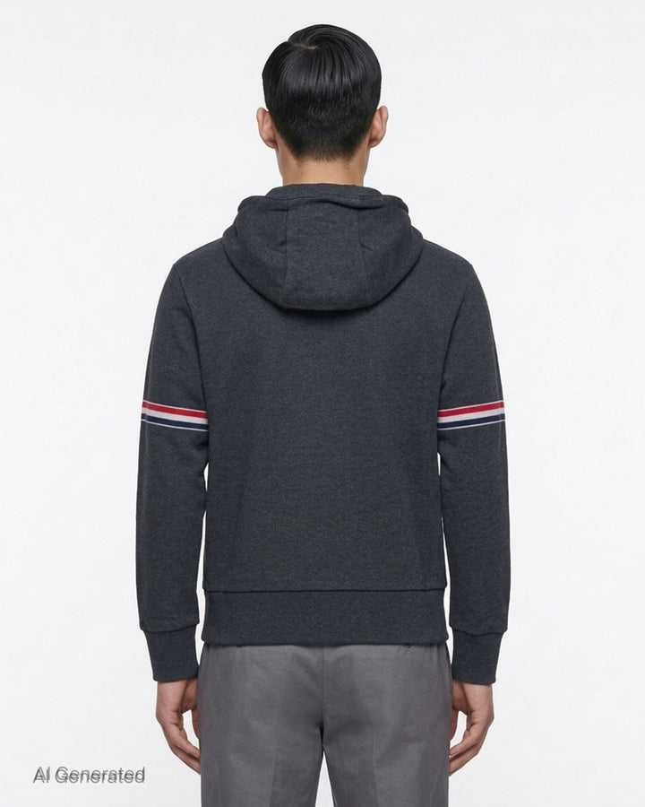 Thom Browne charcoal grey piqué zip-through hoodie with red, white and blue sleeve stripes and drawstring hood - back