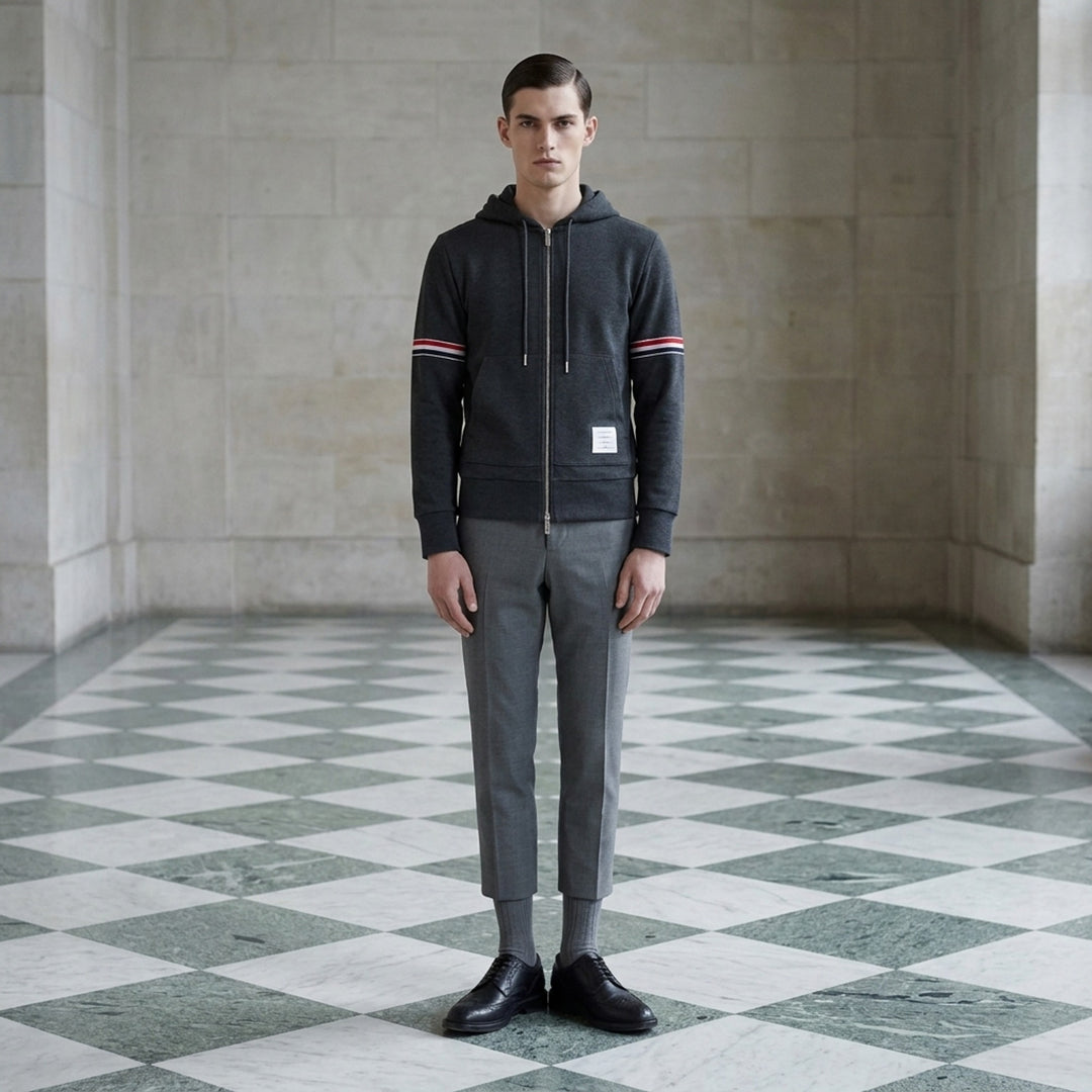 Thom Browne charcoal grey piqué zip-through hoodie with red, white and blue sleeve stripes and drawstring hood - lifestyle
