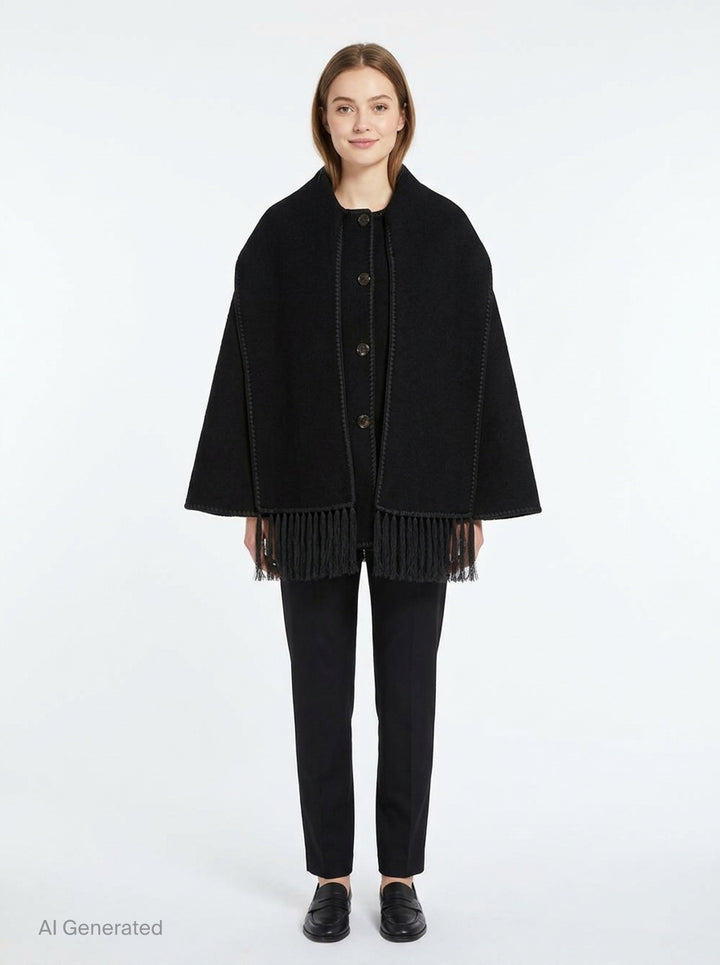 Toteme Embroidered Scarf Jacket in black wool with tonal whipstitch trim, snap-button placket, patch pocket, and long fringe tassel hem — flat lay on white background - front