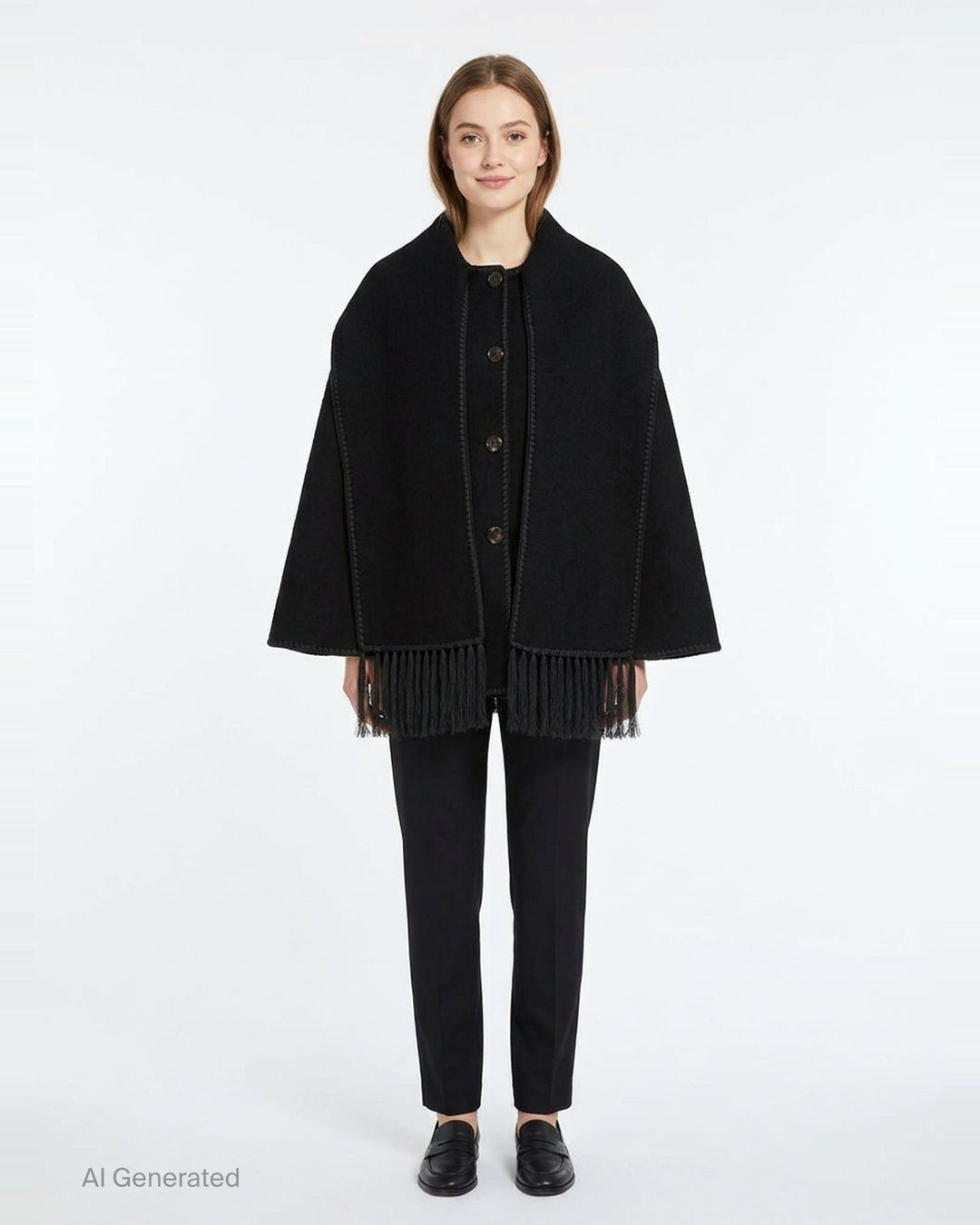 Toteme Embroidered Scarf Jacket in black wool with tonal whipstitch trim, snap-button placket, patch pocket, and long fringe tassel hem — flat lay on white background - front