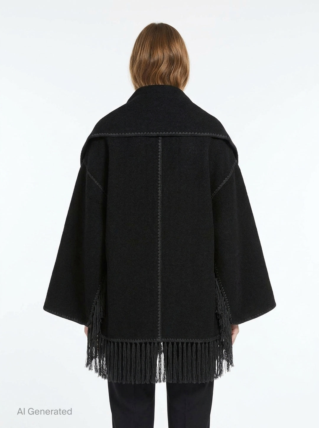 Toteme Embroidered Scarf Jacket in black wool with tonal whipstitch trim, snap-button placket, patch pocket, and long fringe tassel hem — flat lay on white background - back