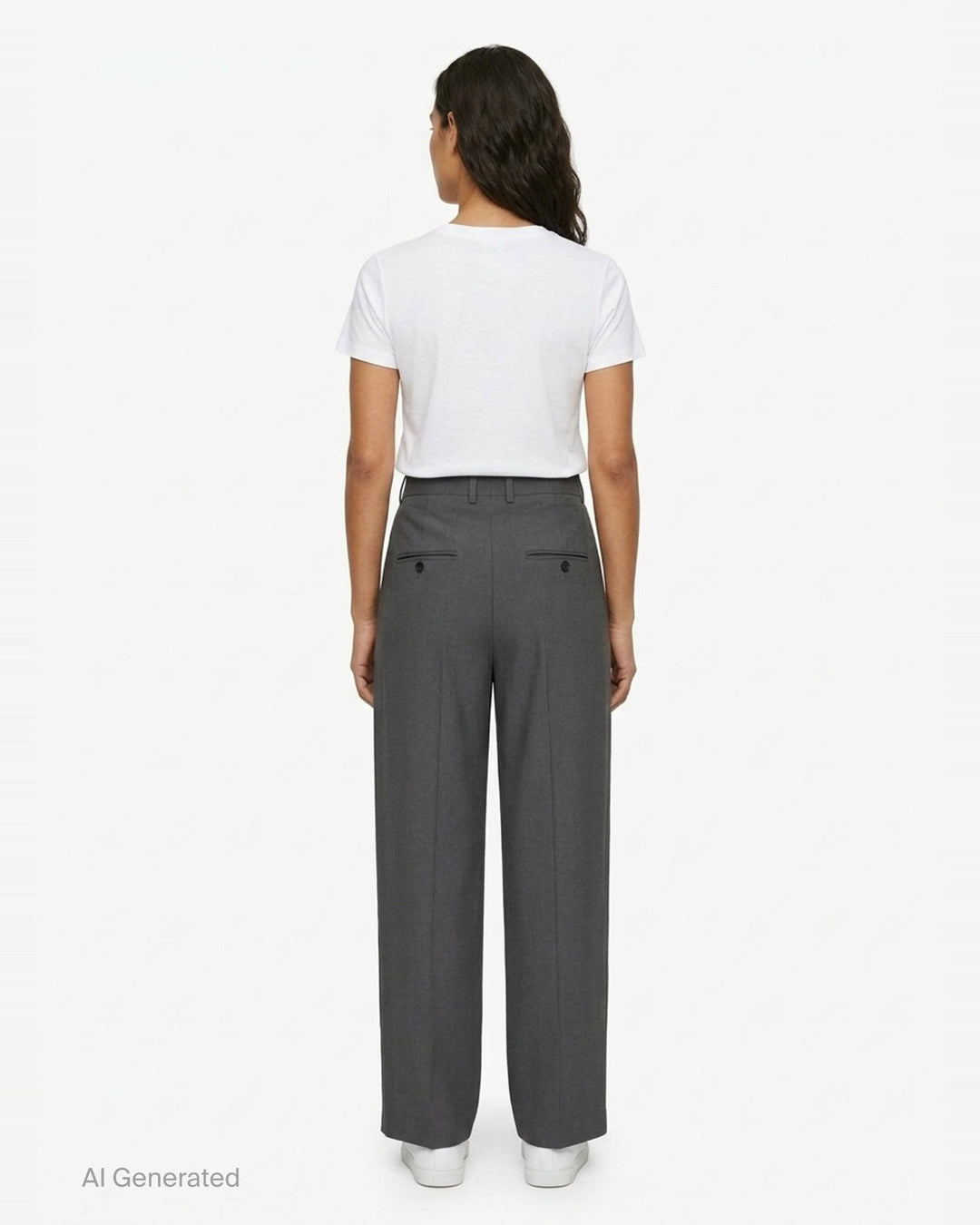Totême High-Waist Pleated Trousers in charcoal grey, featuring front double pleats, a wide-to-tapered leg, and a structured high-rise waistband, shown flat on a white background - back