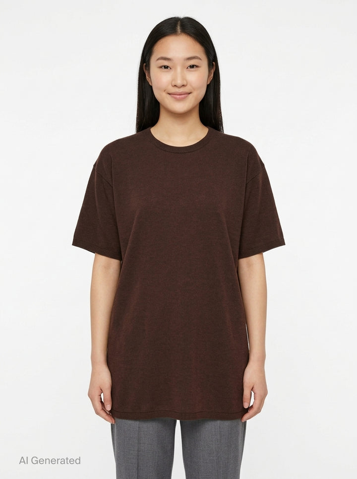 Totême Knit Short Sleeve Tee in chocolate brown, featuring an oversized silhouette, ribbed crew neck and cuffs, and elongated body - front