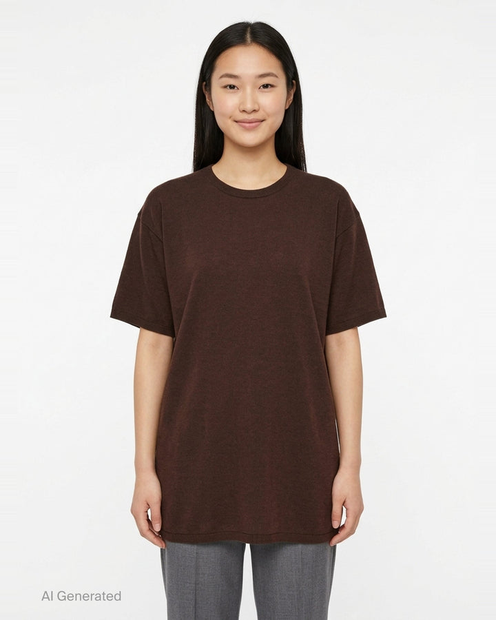 Totême Knit Short Sleeve Tee in chocolate brown, featuring an oversized silhouette, ribbed crew neck and cuffs, and elongated body - front