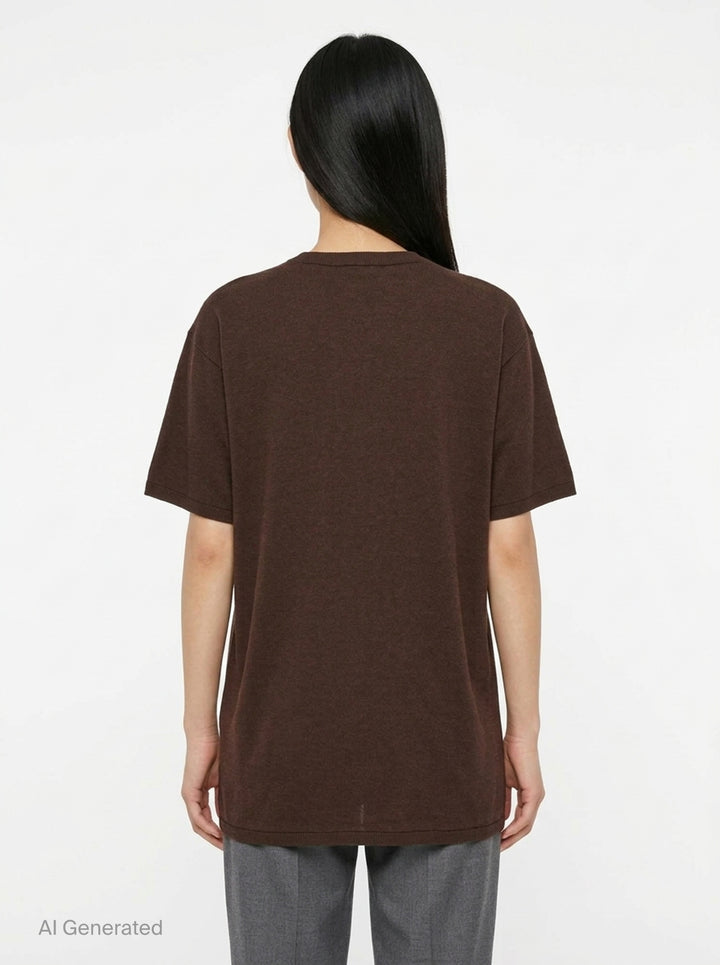 Totême Knit Short Sleeve Tee in chocolate brown, featuring an oversized silhouette, ribbed crew neck and cuffs, and elongated body - back