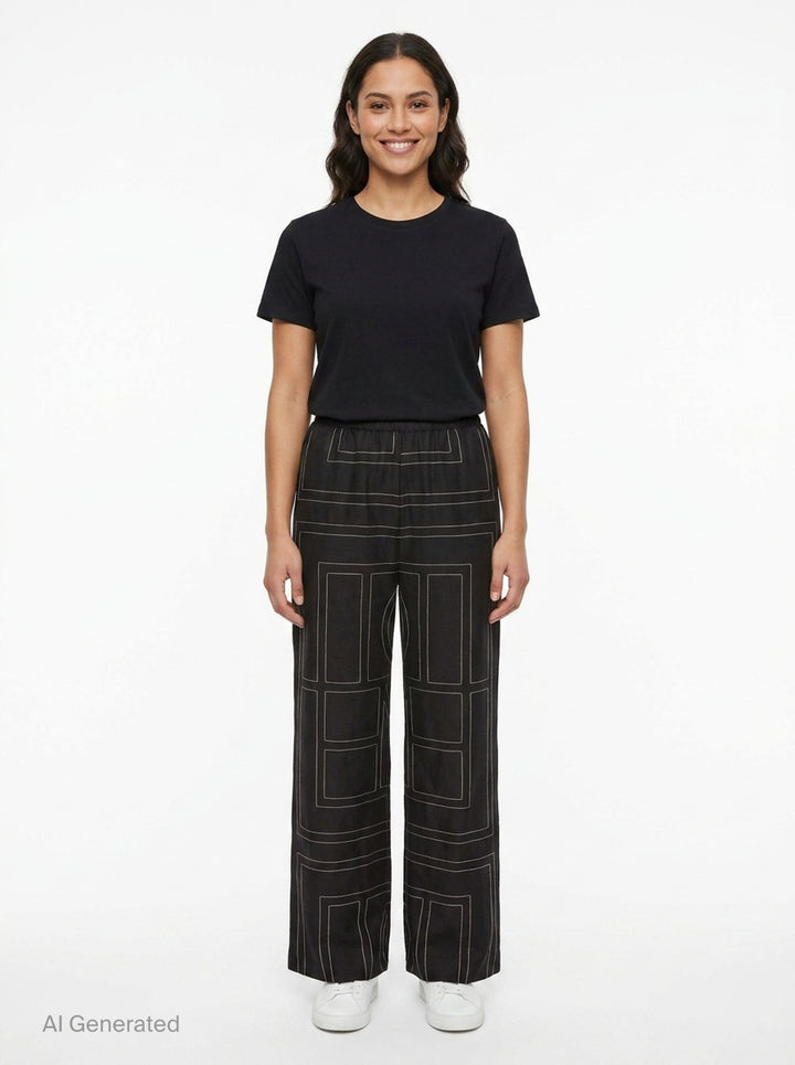 Toteme Monogram Silk Pyjama Pants in black with all-over contrast white stitched geometric panel print and elasticated waistband, wide-leg silhouette, flat lay view - front