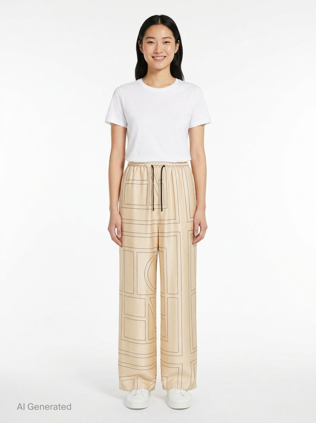Totême Monogram Silk Pyjama Pants in champagne beige, featuring an all-over geometric monogram outline print, wide-leg silhouette, and elasticated waistband, displayed flat on a white background - front