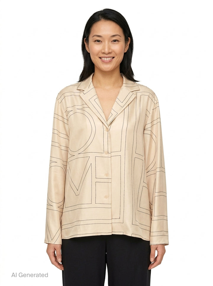 Totême Monogram Silk Pyjama Top in cream with dark outlined oversized logo lettering, notched lapel collar, button-through front, and long sleeves - front