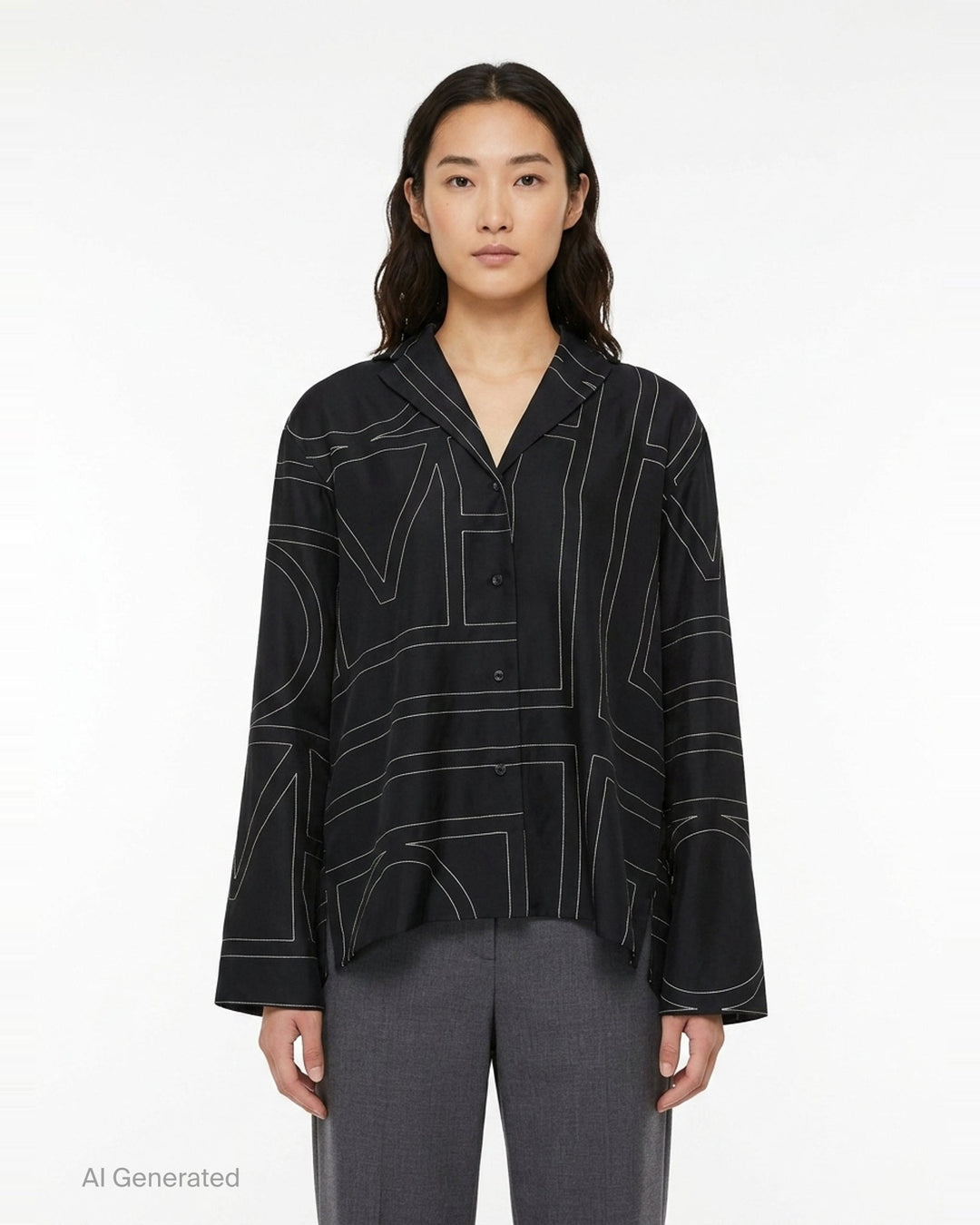 Totême Monogram Silk Pyjama Top in black, featuring all-over contrast-stitched monogram print, camp collar, partial button placket, and relaxed long-sleeve silhouette - front