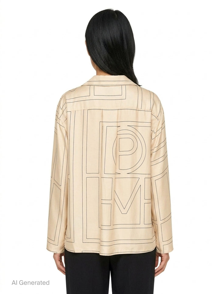 Totême Monogram Silk Pyjama Top in cream with dark outlined oversized logo lettering, notched lapel collar, button-through front, and long sleeves - back