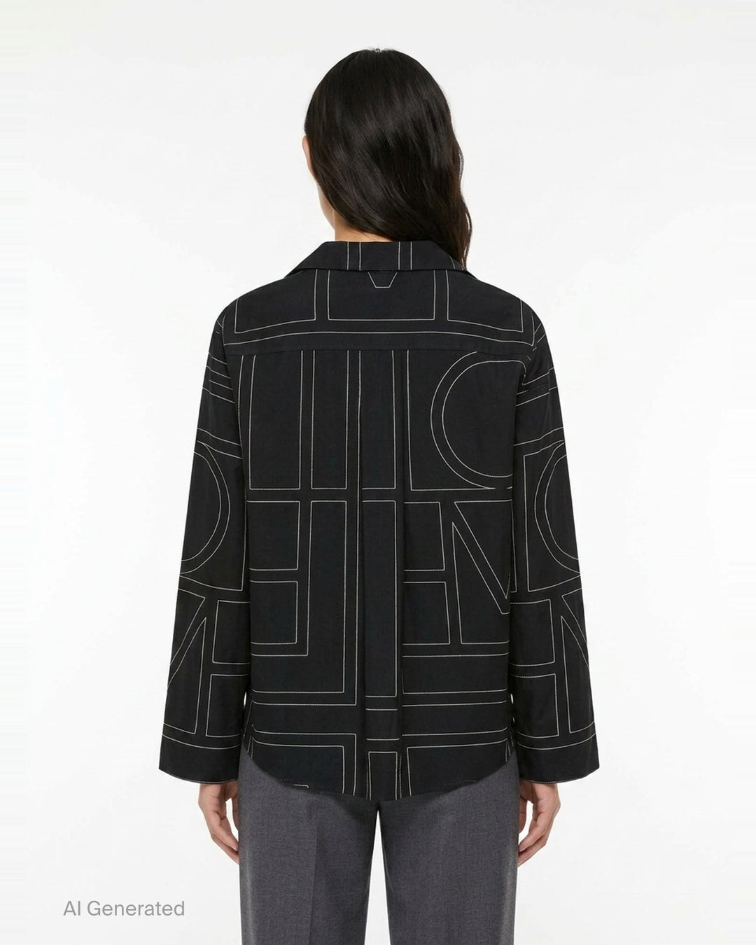 Totême Monogram Silk Pyjama Top in black, featuring all-over contrast-stitched monogram print, camp collar, partial button placket, and relaxed long-sleeve silhouette - back
