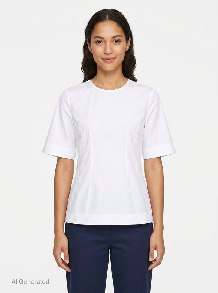 Toteme Sculptural Cotton Top in white, featuring a fitted seamed bodice, round neckline, and short fluted sleeves with a folded hem detail, shown from the front against a white background - front
