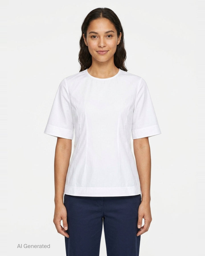 Toteme Sculptural Cotton Top in white, featuring a fitted seamed bodice, round neckline, and short fluted sleeves with a folded hem detail, shown from the front against a white background - front
