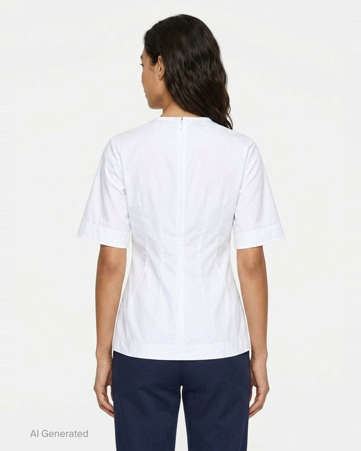 Toteme Sculptural Cotton Top in white, featuring a fitted seamed bodice, round neckline, and short fluted sleeves with a folded hem detail, shown from the front against a white background - back
