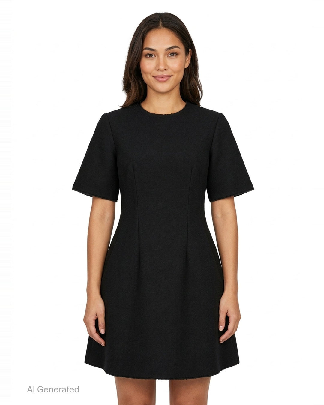 Totême Sculptural Short Dress in black — A-line silhouette with structured vertical seaming, short sleeves with frayed trim, and concealed back zip closure - front
