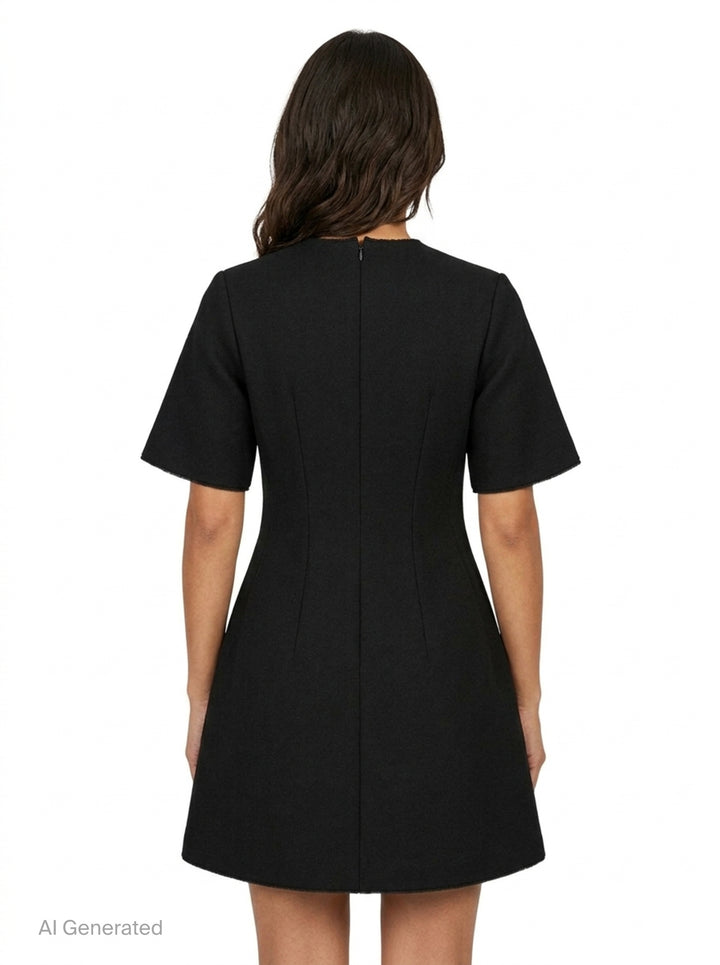 Totême Sculptural Short Dress in black — A-line silhouette with structured vertical seaming, short sleeves with frayed trim, and concealed back zip closure - back