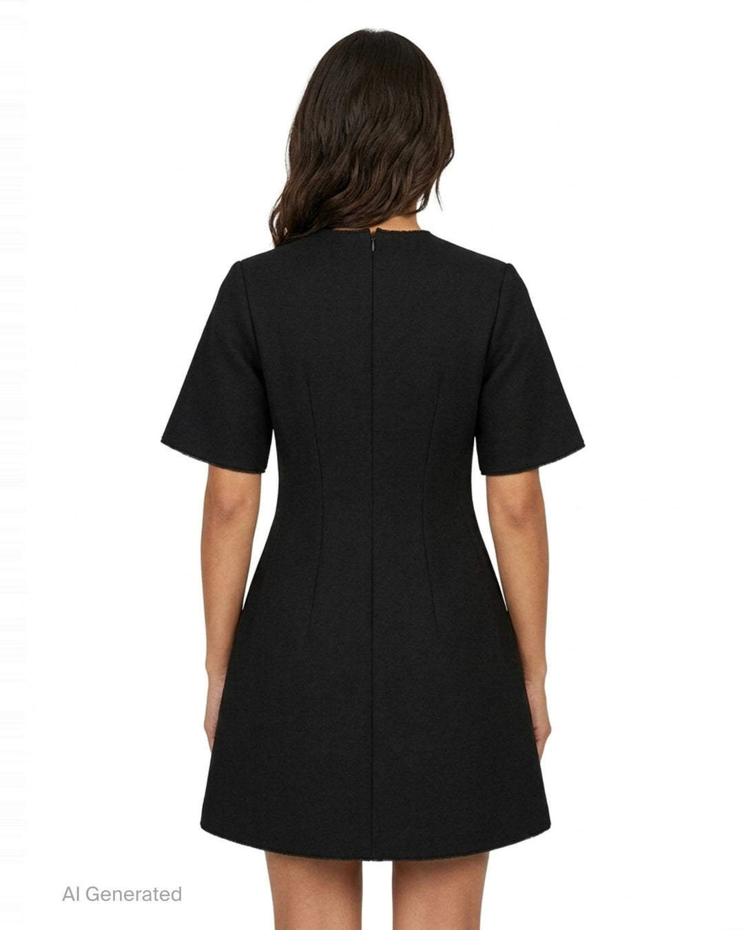 Totême Sculptural Short Dress in black — A-line silhouette with structured vertical seaming, short sleeves with frayed trim, and concealed back zip closure - back