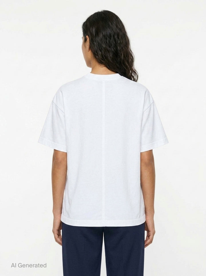 Totême Slouch Waist Jersey Top in white, featuring an oversized dropped-shoulder silhouette, centre-front seam, crew neckline, and short sleeves with folded cuffs, photographed flat on a white background - back
