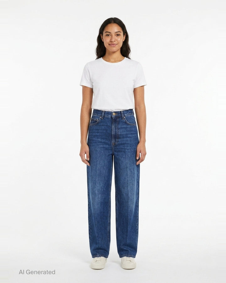 Totême Wide Leg Jeans in mid-blue wash with high-rise waist, five-pocket construction, contrast orange topstitching, and a relaxed wide leg silhouette - front
