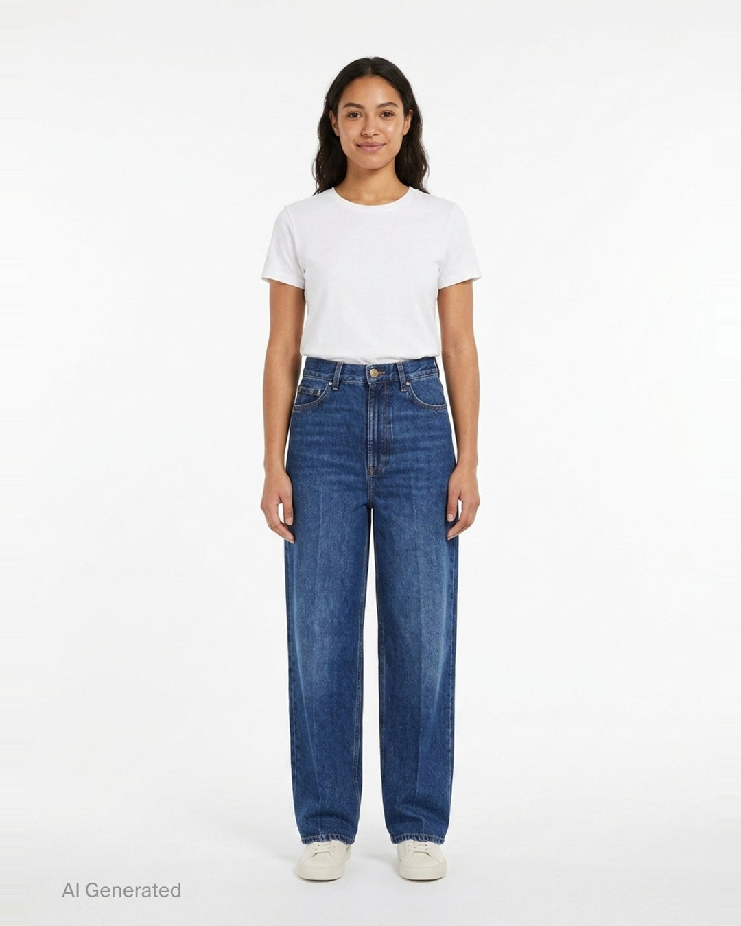 Totême Wide Leg Jeans in mid-blue wash with high-rise waist, five-pocket construction, contrast orange topstitching, and a relaxed wide leg silhouette - front