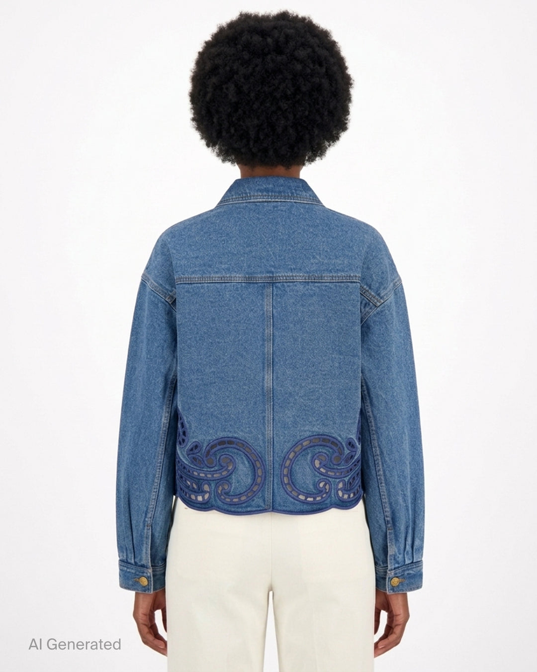 Ulla Johnson Bobbi cropped denim jacket in washed blue with navy eyelet cutwork at the hem and gold-tone buttons - back