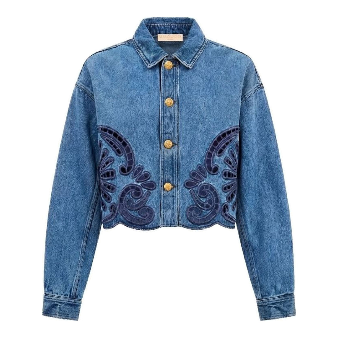 Ulla Johnson Bobbi cropped denim jacket in washed blue with navy eyelet cutwork at the hem and gold-tone buttons - packshot