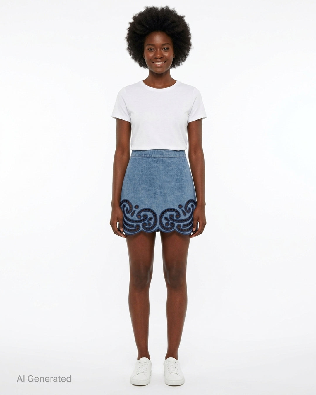 Ulla Johnson Cadiz mini skirt in washed blue denim with navy eyelet scrollwork embroidery and a scalloped hem - front